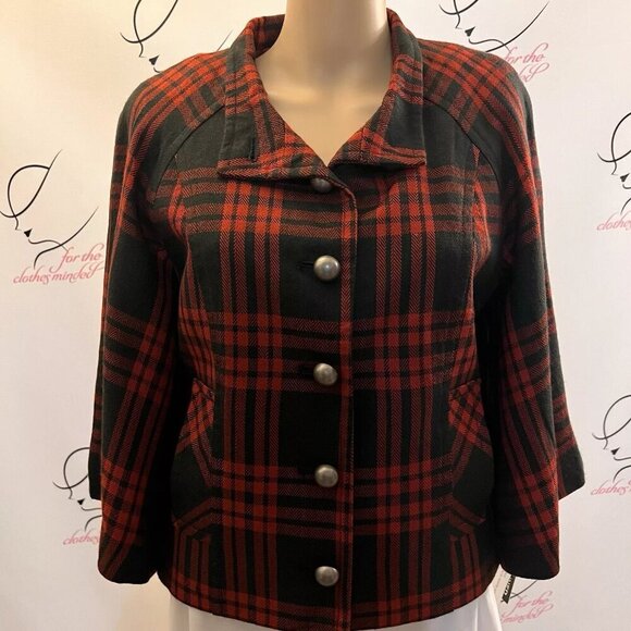 Larry Levine. Sz 10. New with Tags. $70. Raglan Bell Sleeves, Red Plaid. GB - Picture 1 of 9